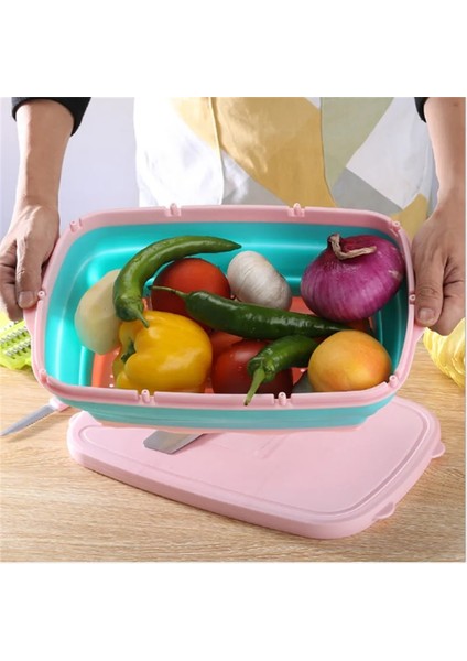 9 In 1 Pembe Set 9'u 1 Arada Kesme Tahtası Katlanabilir Meyve ve Sebze Filtre Havzası Dilimleme Kesici Kamp Kesme Tahtası Seti Mutfak Küçük Aletler (Yurt Dışından)