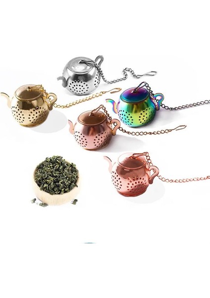Titanyum Altın Metal Çay Süzgeci Çaydanlık Şekli Gevşek Çay Demlik Paslanmaz Çelik Yaprak Çay Makinesi Süzgeç Zincir Damlama Tepsisi Teaware (Yurt Dışından)