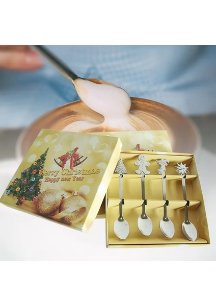 1 Takım 4 Adet Mini Paslanmaz Çelik Çay Kaşığı Hediye Kutusu ile Noel Tarzı Kahve Latte Çay Kaşığı Sofra (Yurt Dışından)