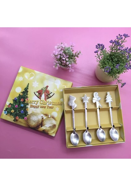 1 Takım 4 Adet Mini Paslanmaz Çelik Çay Kaşığı Hediye Kutusu ile Noel Tarzı Kahve Latte Çay Kaşığı Sofra (Yurt Dışından) fiyatları