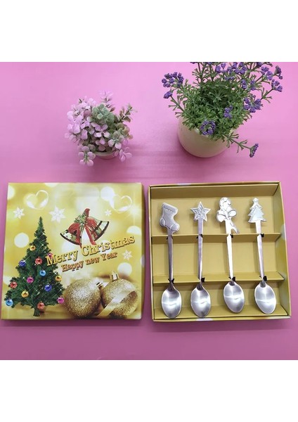 1 Takım 4 Adet Mini Paslanmaz Çelik Çay Kaşığı Hediye Kutusu ile Noel Tarzı Kahve Latte Çay Kaşığı Sofra (Yurt Dışından) modelleri