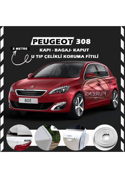Peugeot 308 Oto Araç Kapı Koruma Fitili 5metre Parlak Beyaz Renk