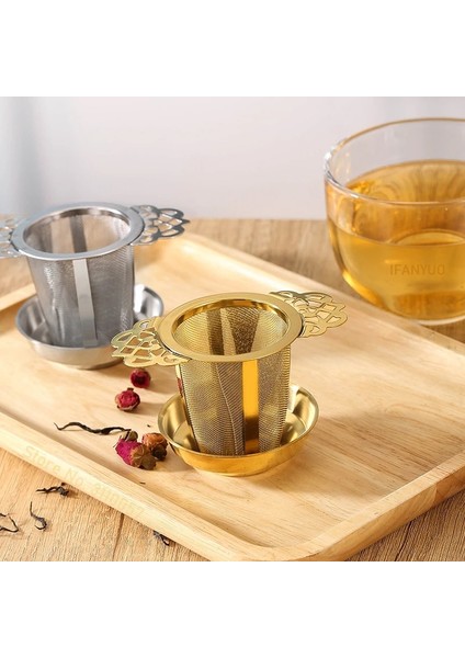 Shrot Altın Set Çift Katmanlı Dantel Çay Süzgeç Seti Tepsi ile Paslanmaz Çelik Filtre Örgü Elek Çay Drenaj Faydalı Demlikler Mutfak Aletleri Teaware (Yurt Dışından)