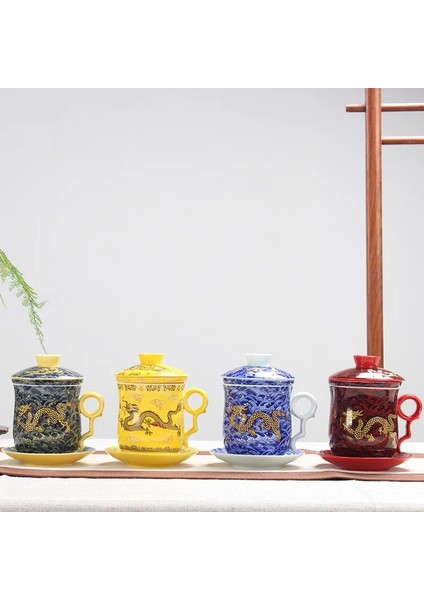 C Çin Ejderha Kupa Çay Seramik Çay Seti Dört Parçalı Set Kapaklı Ofis Toplantı Su Bardağı Filtre Demlik Teaware (Yurt Dışından) fırsatları