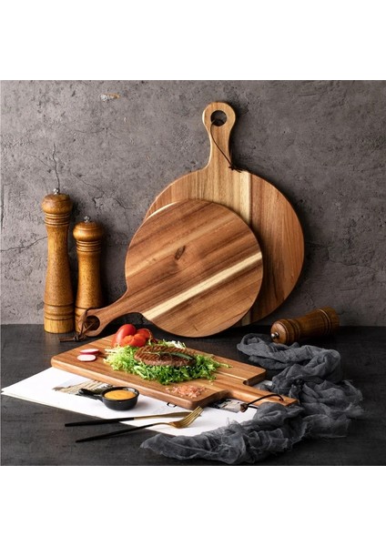 Yuvarlak S Akasya Ahşap Saplı Kesme Tahtası Yuvarlak Pizza Kürek Servis Doğrama Tahtası Pişirme Peynir Meyve Sebze Ekmek Şarküteri (Yurt Dışından)