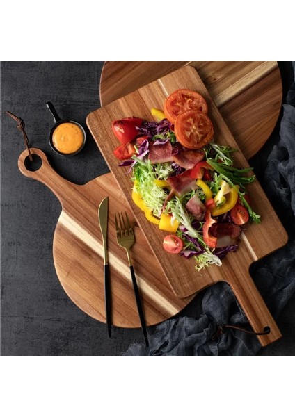 Yuvarlak S Akasya Ahşap Saplı Kesme Tahtası Yuvarlak Pizza Kürek Servis Doğrama Tahtası Pişirme Peynir Meyve Sebze Ekmek Şarküteri (Yurt Dışından)
