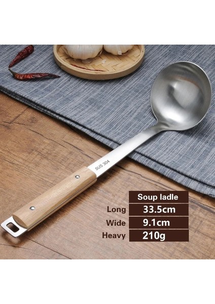 Çorba Kepçesi-A Ahşap Saplı Wok Spatula 304 Paslanmaz Çelik Spatula Pişirme Gereçleri Kaşık Uzun Saplı Büyük Boy Turner Kızarmış Biftek Kürek (Yurt Dışından)