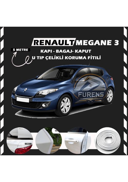 Renault Megane 3 Oto Araç Kapı Koruma Fitili 5metre Parlak Beyaz Renk