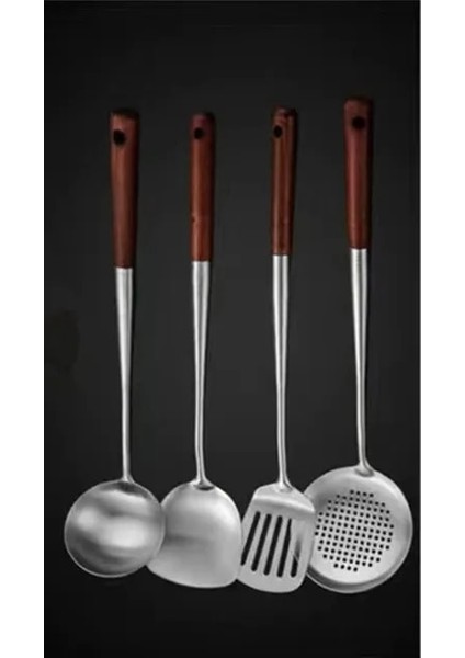 A4 304 Paslanmaz Çelik Ahşap Spatula Pişirme Gereçleri Ev Pişirme Aksesuarları Oluklu Kaşık Metal Alet Mutfak Temelleri Için (Yurt Dışından)