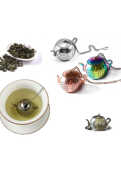 Rosegold Metal Çay Süzgeci Çaydanlık Şekli Gevşek Çay Demlik Paslanmaz Çelik Yaprak Çay Makinesi Süzgeç Zincir Damlama Tepsisi Bitkisel Baharat Filtresi (Yurt Dışından)
