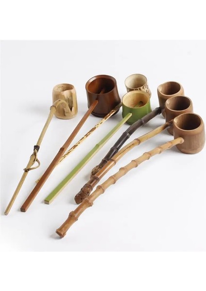 02 Ahşap Çay Kepçe Bambu Kök Uzun Saplı Bambu El Yapımı Uzun Saplı Retro Töreni Masa Dekor Sauna Kaşık Teaware Su Kaşığı (Yurt Dışından)