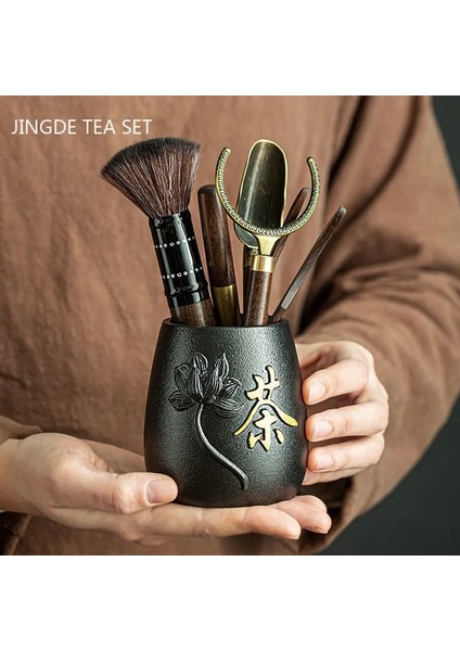 B3 Siyah Sandal Ağacı Katı Ahşap Çay Töreni Altı Beyler Takım Elbise Çay Yapma Araçları Çay Klip Iğne Kaşık Çin Çay Seti Aksesuarları (Yurt Dışından)