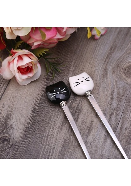 Siyah Paslanmaz Çelik Sevimli Kedi Kahve Kaşığı Meyve Çatalı Tatlı Kaşığı Şeker Çay Kaşığı Kedi Içme Mutfak Aksesuarları (Yurt Dışından) fırsatları