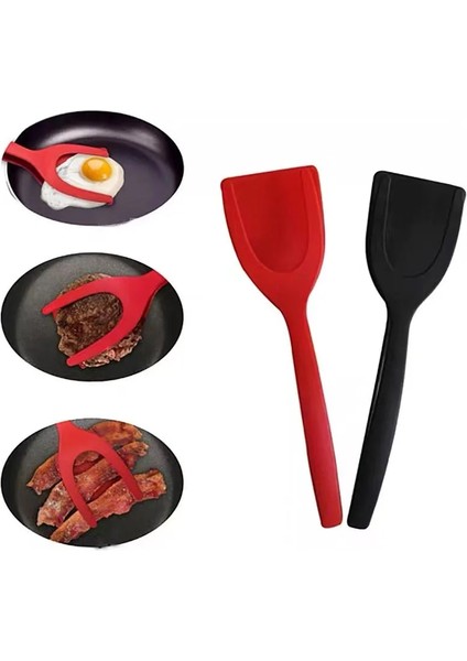 Gri 2-In-1 Yumurta Spatula Mutfak Döndürücüler Gıda Klipsi Silikon Et Maşası Yapışmaz Yumurta Balık Kızartma Tavası Mutfak Kelepçesi Alet Faydalı (Yurt Dışından)