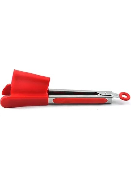 Kırmızı 9 Inç 2 In 1 Mutfak Spatula ve Maşa Yapışmaz Isıya Dayanıklı Paslanmaz Çelik Gıda Maşası Çerçeve Silikon Maşa Mutfak Aletleri Gadget (Yurt Dışından)