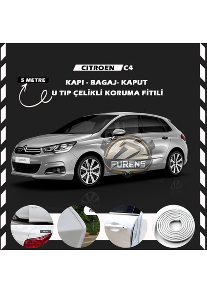 Citroen C4 Oto Araç Kapı Koruma Fitili 5metre Parlak Beyaz Renk