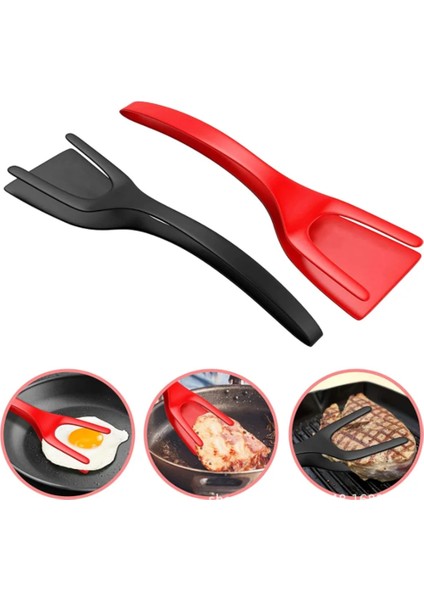 Siyah 2 In 1 Gıda Spatula Maşa Silikon Yapışmaz Kızarmış Yumurta Pişirme Turner Araçları Barbekü Ekmek Klip Kelepçe Ev Mutfak Eşyası (Yurt Dışından)