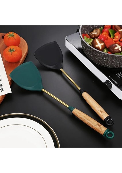 Siyah Yeni Ev Ahşap Saplı Silikon Spatula Yapışmaz Tava Özel Pişirme Spatula Yüksek Sıcaklığa Dayanıklı Mutfak Tencere (Yurt Dışından) indirimleri