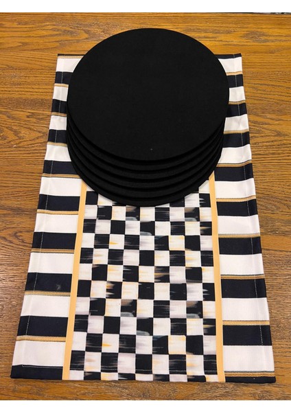 Tuğçe Demir Home Design Gold Çizgili Dama Desen Runner Supla Set modelleri