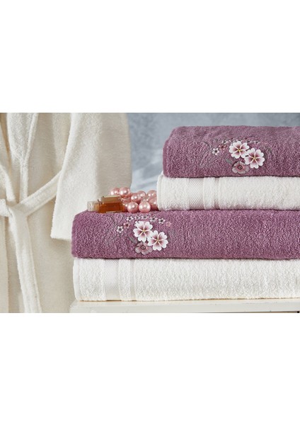 Family Nakışlı Mor & Krem Aile Bornoz Seti 6 Parça Çeyizlik Kadın Erkek Bornoz Banyo Havlu Takımı modelleri