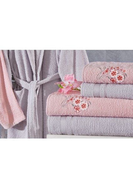 Family Nakışlı Pembe & Lila Aile Bornoz Seti 6 Parça Çeyizlik Kadın Erkek Bornoz Banyo Havlu Takımı modelleri