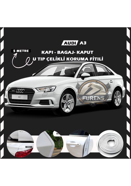Audi A3 Oto Araç Kapı Koruma Fitili 5metre Parlak Beyaz Renk