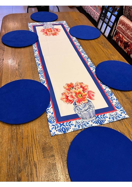 Tue Home Desıgnmavi Vazo Blue Blanc Desen Runner Supla Set