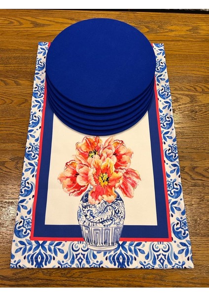 Tue Home Desıgnmavi Vazo Blue Blanc Desen Runner Supla Set modelleri
