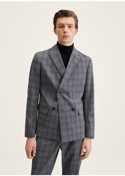 Slim Fit Kareli Kruvaze Takım Blazer