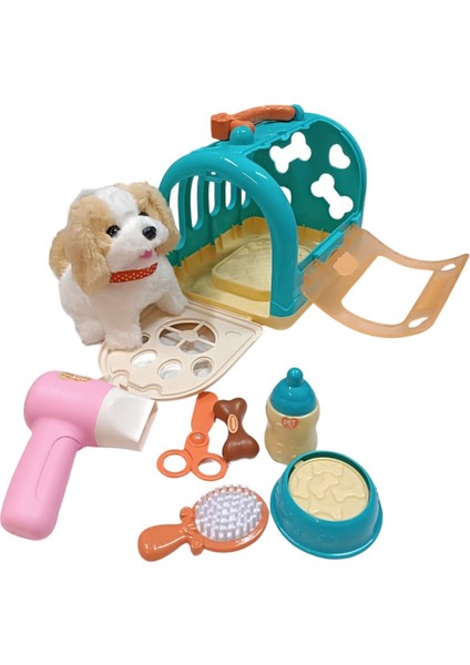 Sesli Yürüyen Peluş Köpek Taşıma Çantalı Aksesuarlı Tasmalı