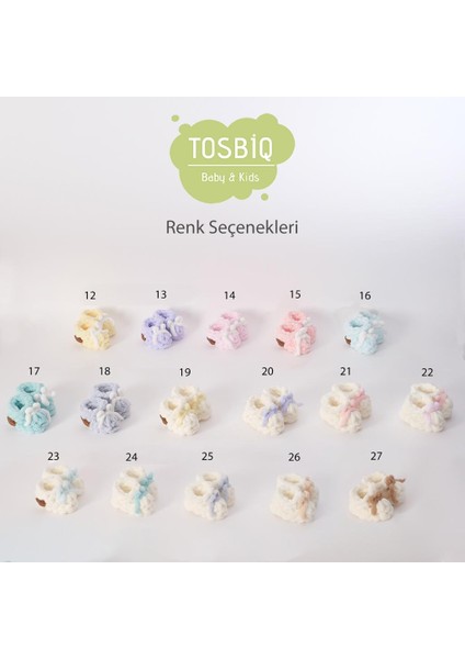 Tosbiq Baby Bebek Yenidoğan Ayakkabısı 0-3M Su Yeşil Fiyonklu Beyaz Unisex Şirin Patik Puffy Alize İp Organik Sertifika