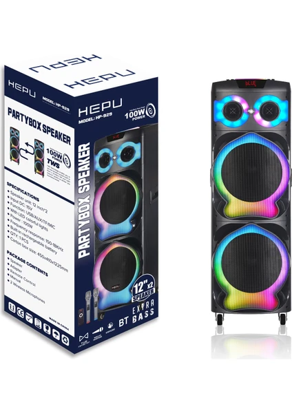 Hepu 929 Tws Bluetooth Speakers Parti Boy Hoparlör Kablosuz Çift Mikrofonlu 12 Inc Inc*2 Li 100 W Subwoofer