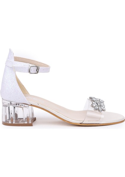 Yangu Kum Simli Taşlı Kız Çocuk 3 Cm Şeffaf Topuklu Sandalet Abiye Ayakkabı