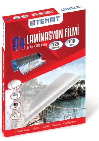 A4 Laminasyon Filmi (216 x 303MM) 125 Mikron 100'LÜ Kutu