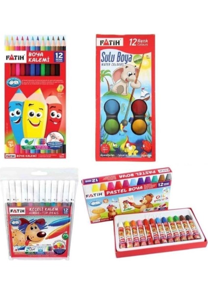 4'ü Boyama Seti 12 Renk Pastel+ Sulu Boya + Kuru Boya + Keçeli Kalem