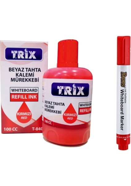 Doldurulabilir Beyaz Yazı Tahtası Kırmızı Kalemi + Trix Mürekkebi 10 ml - Kırmızı