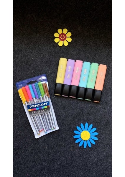 Triball Tükenmez Kalem 8 Renk + Masis Pastel Renk Fosforlu Işaretleme Kalemi 6 Lı Set