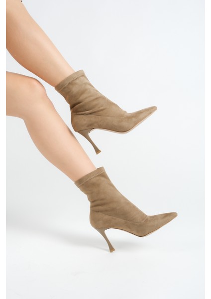 Mbhrnst-Vz Kadın Vizon Süet İnce Topuklu Strech Kısa Bot &bootie