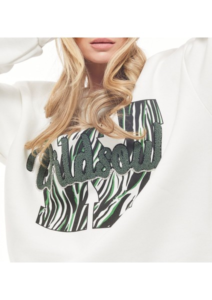 Nakışlı Taşlı Ekru Sweatshirt