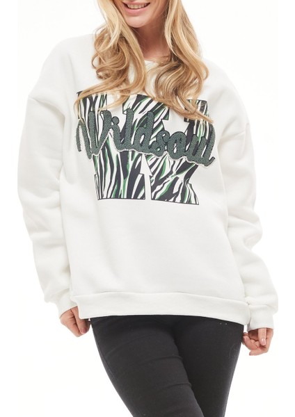 Nakışlı Taşlı Ekru Sweatshirt fırsatları