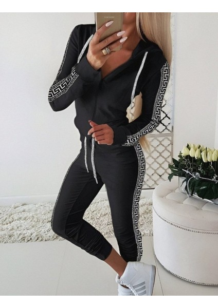 Kadın Uzun Kollu Kenarları Kare Şeritli Önü Fermuarlı Kapüşonlu İki Iplik İkili Takım fiyatları