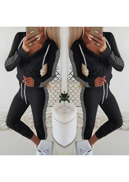 Kadın Uzun Kollu Kenarları Kare Şeritli Önü Fermuarlı Kapüşonlu İki Iplik İkili Takım modelleri