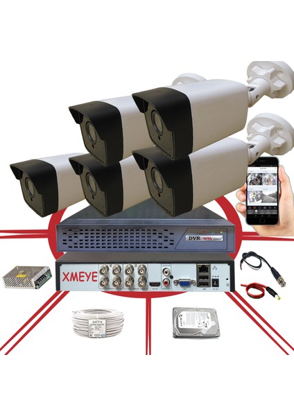 5'li Araç, Yüz ve İnsan, Hareket Algılayan Yapay Zeka Destekli 5 Mp Lens 36 Ir LED Güvenlik Kamerası Seti_536