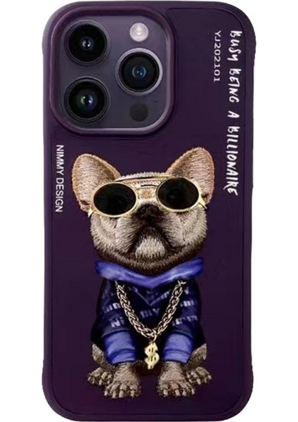 iPhone 15 Pro Dog Serisi Nakış İşlemeli Gözlük / Zincir Detaylı Mor Telefon Kılıfı