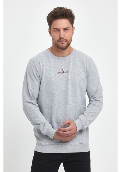 Erkek Gri Bisiklet Yaka Nakış Detaylı Regular Fit Sweatshirt