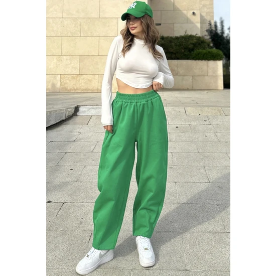 New Laviva Kadın Yeşil Yüksek Bel, Cepli, Beli Lastikli, Salaş Gabardin Pantolon