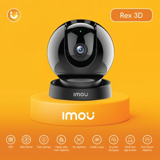 Imou Rex 3D Iç Ortam Wi-Fi PT Kamera 3 MP - Evcil Hayvan Algılama-Gece GÖRÜŞ-360° Hareket-Hareket ve Insan Algılama-İki Yönlü Konuşma-SD KART-ONVIF-(IPC-GS2DP-3K0W)