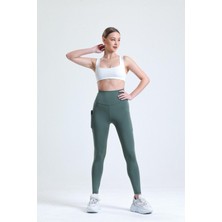 Thiff Gymwear Yeşil Yüksek Bel Sıkılaştırıcı Toparlayıcı Push-Up Çift Cepli Bilek Hizasında Spor Tayt