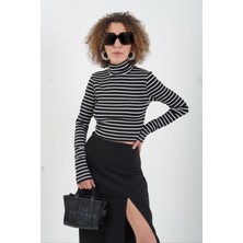 Zelish My Sister Siyah Çizgili Balıkçı Yaka Fitilli Crop Bluz