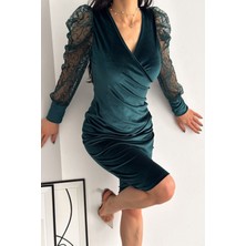 Neşeli Butik Kadın Kolları Tül Detaylı Kadife Elbise KKLF74